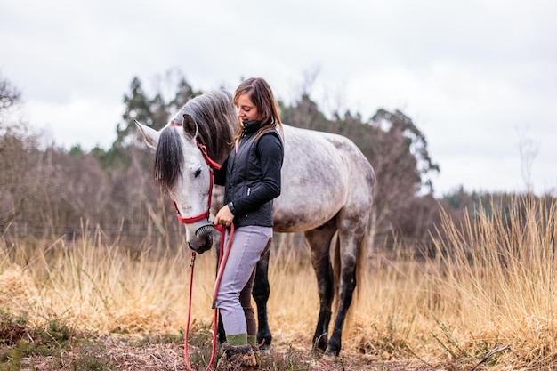 Equine ranch small business owner portrait of equestrian professional athlete care a gray purebred horse