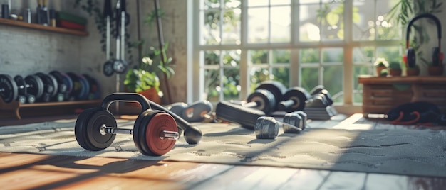 Equipment for home workouts barbells and kettlebells Concepts about fitness sport and health