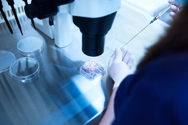 Equipment on laboratory of Fertilization IVF Microscope of reproductive medicine clinic fertilizing egg outside female body Disease laboratory research