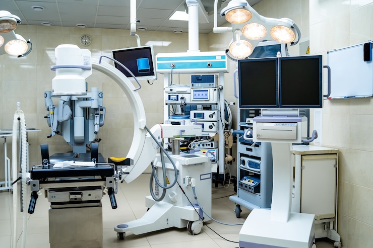 Photo equipment and medical devices in modern operating room. operating theatre. selective focus.