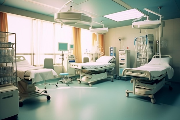 equipment and medical devices in modern operating room take with art lighting and blue filter