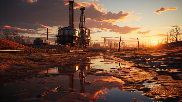 Equipment of oil production at sunset