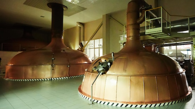 Equipment for preparation of beer Lines of cooper tanks in brewery Manufacturable process of brewage Mode of beer production Inside view of modern brewhouse with barrels