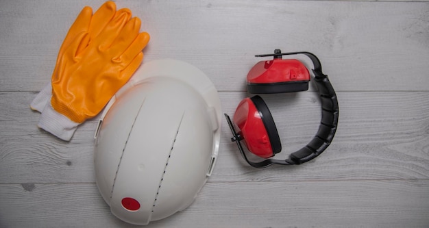 Equipment and tools for building construction on wood background Labor day worker conceptcloseup