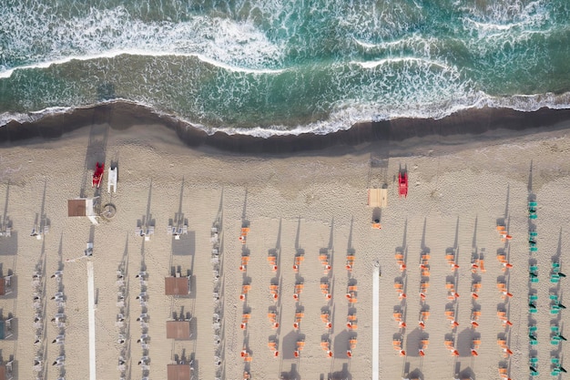 The equipped beach of Viareggio seen from above