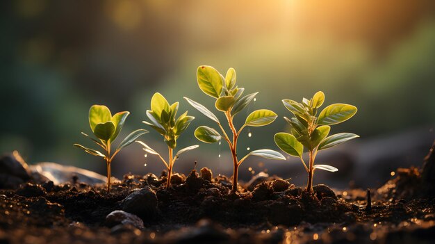 Er groeien drie kleine planten uit de grond. Generatieve AI.