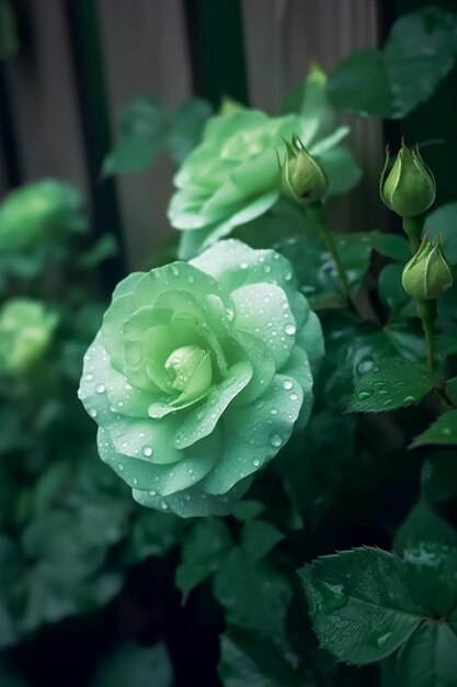 er groeien veel groene rozen in de tuin, generatieve ai