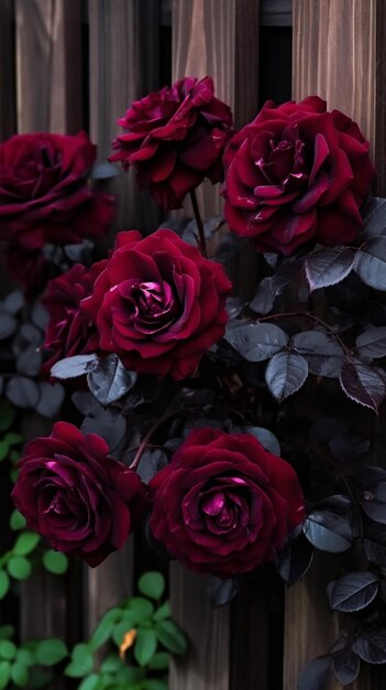 er groeien veel rode rozen op een houten hek generatieve ai