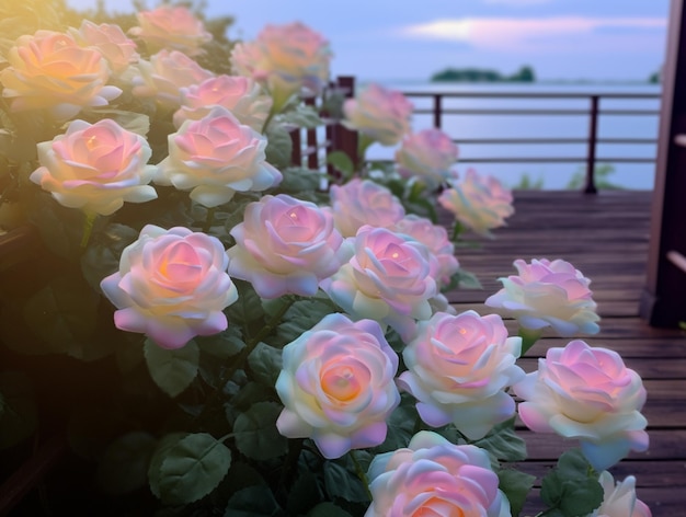 er groeien veel roze rozen aan de zijkant van een houten dek generatieve ai