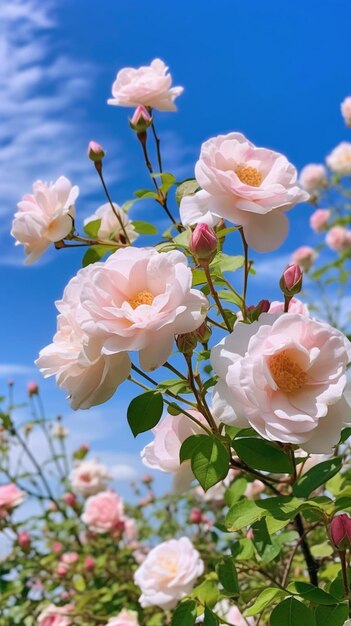 er groeien veel roze rozen in een veld met blauwe luchten, generatieve ai