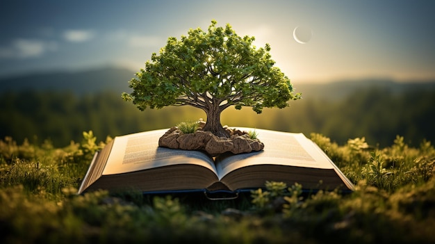 Er groeit een boom uit een open boek op een met gras begroeide heuvel generatieve ai