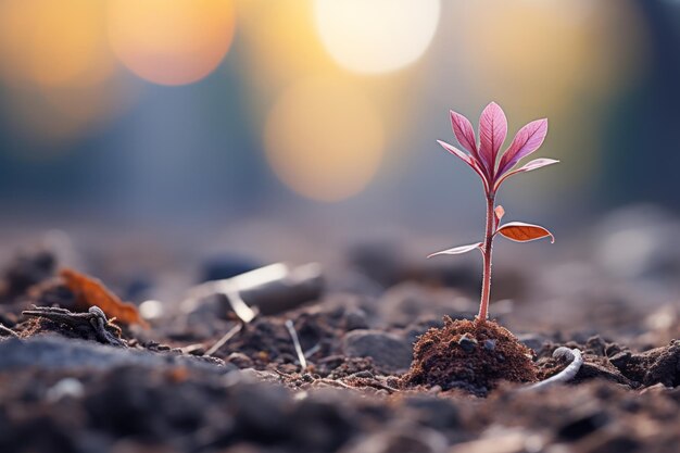 Foto er groeit een klein plantje in de modder