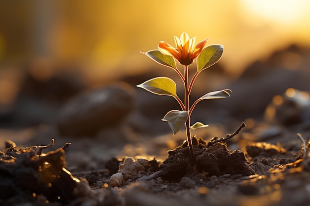 Foto er groeit een klein plantje uit de grond