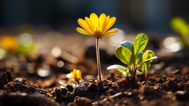 er groeit een kleine gele bloem uit de grond