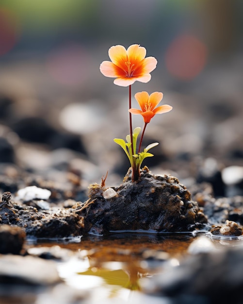 er groeit een kleine oranje bloem uit de grond