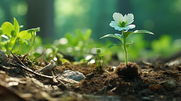 er groeit een kleine witte bloem uit de grond