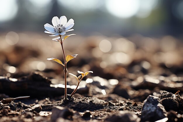 er groeit een kleine witte bloem uit de grond