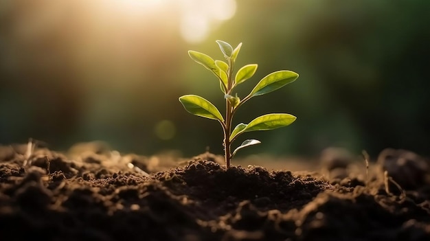 Er groeit een plant in de grond.