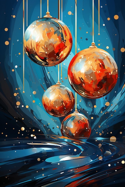 Er hangen drie glanzende kerstballen aan de snaren.