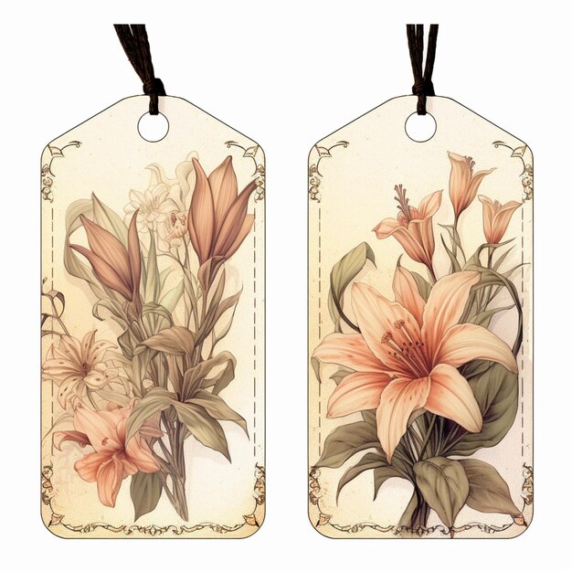 Er hangen twee tags met bloemen op een string generatieve ai.