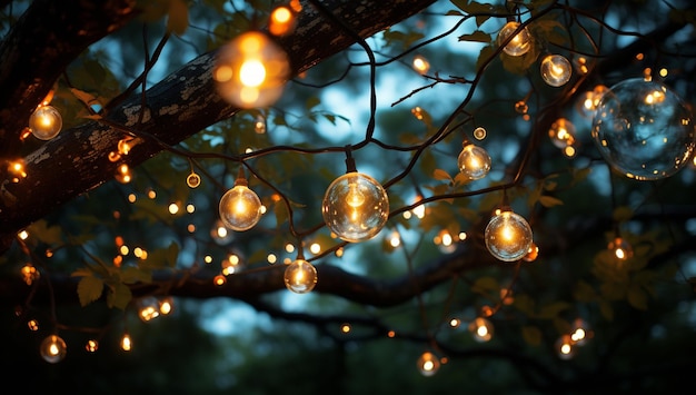 Er hangen veel lichten aan een boom.