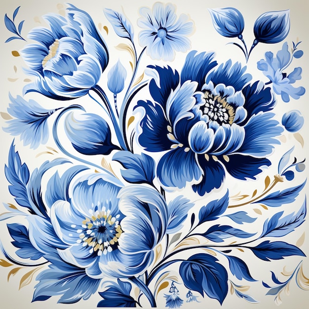 er hangt een blauw-wit bloemenschilderij aan de muur generatieve ai