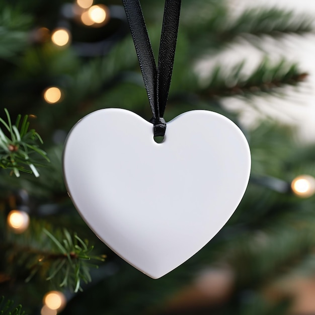 er hangt een wit hartvormig ornament aan een kerstboom generatieve ai