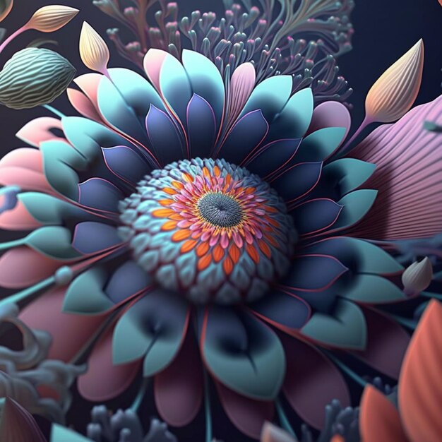 Er is een 3D-beeld van een bloem met veel bloemblaadjes generatieve ai