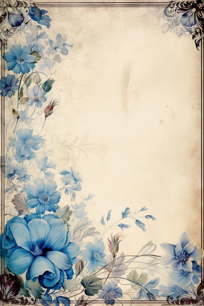 er is een afbeelding van een blauwe bloemenrand met een vlinder generatieve ai