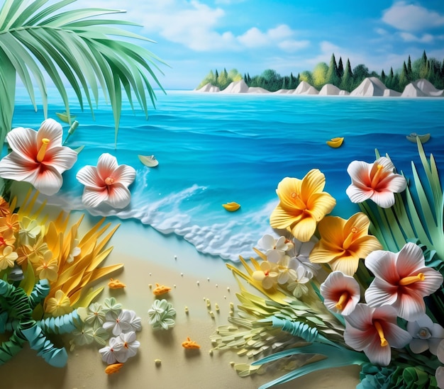 Er is een afbeelding van een tropisch tafereel met bloemen en een generatieve ai op het strand