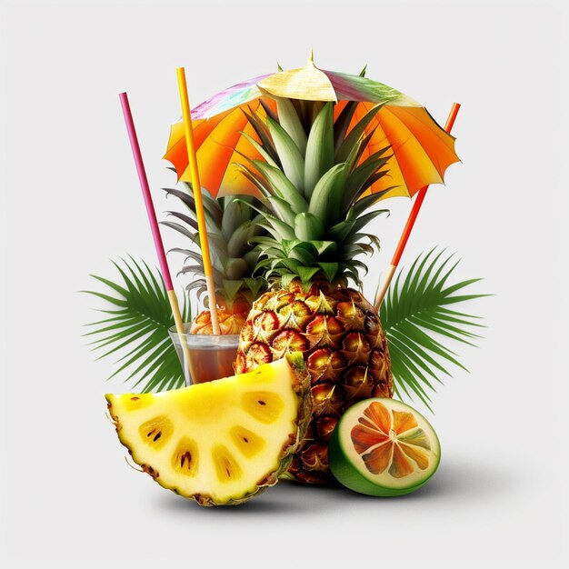 Er is een ananas en een ananasplak met een cocktail erin generatieve ai