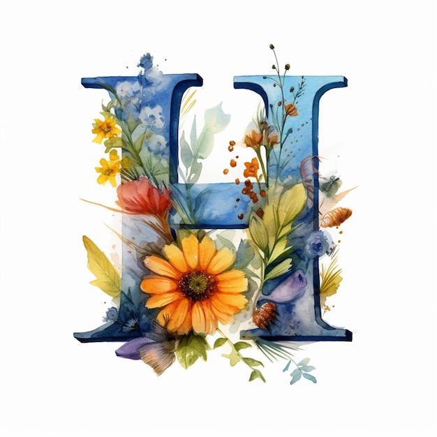 Er is een aquarel schilderij van de letter h met bloemen generatieve ai