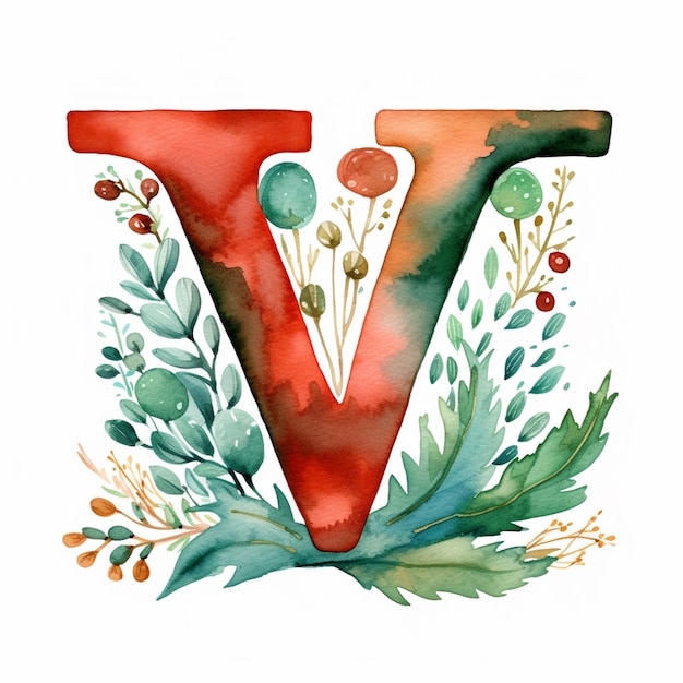 Er is een aquarel schilderij van de letter v met bloemen en bladeren generatieve ai