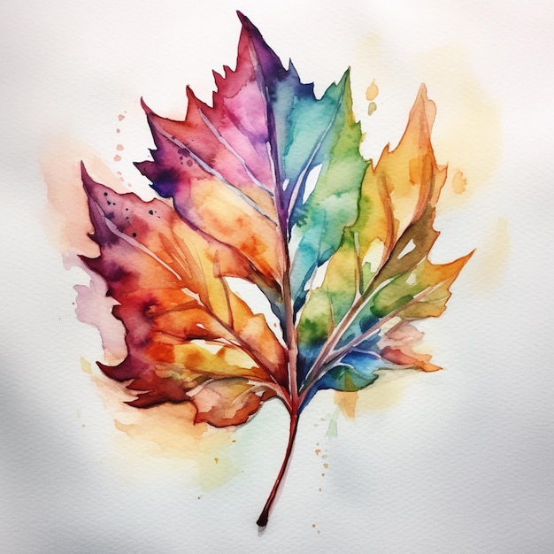 Er is een aquarel schilderij van een blad met een regenboog van kleuren generatieve ai