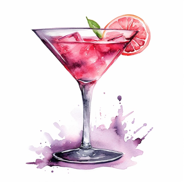 Er is een aquarel schilderij van een cocktail met een plakje oranje generatieve ai