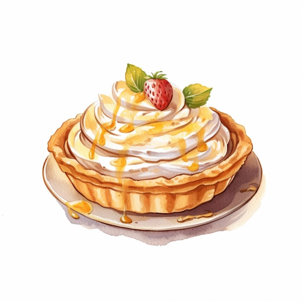 er is een aquarel schilderij van een dessert met slagroom en aardbeien generatieve ai