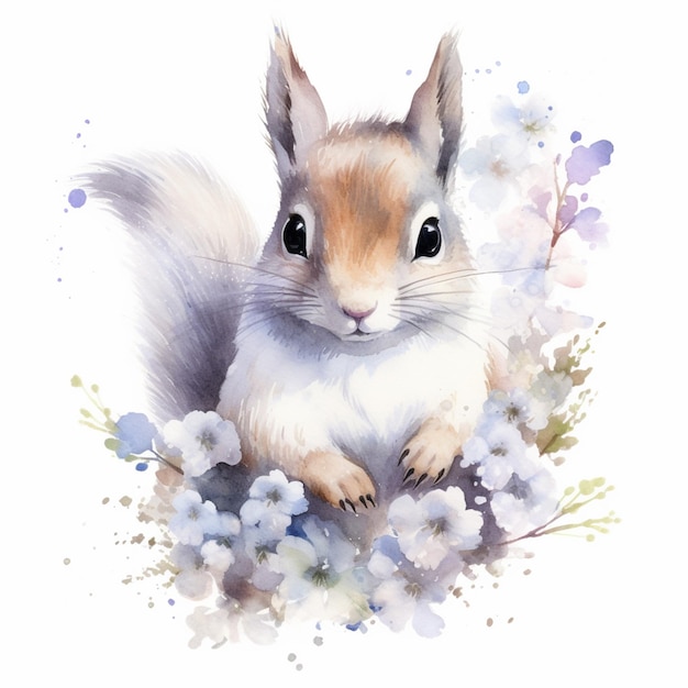 Er is een aquarel schilderij van een eekhoorn die op een bloem zit.