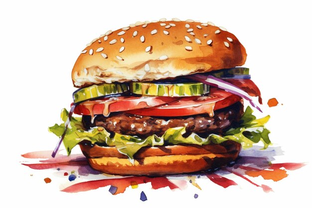 Er is een aquarel schilderij van een hamburger met sla en tomaten generatieve ai