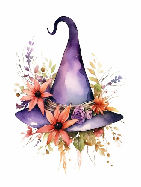 Er is een aquarel schilderij van een heks hoed met bloemen generatieve ai