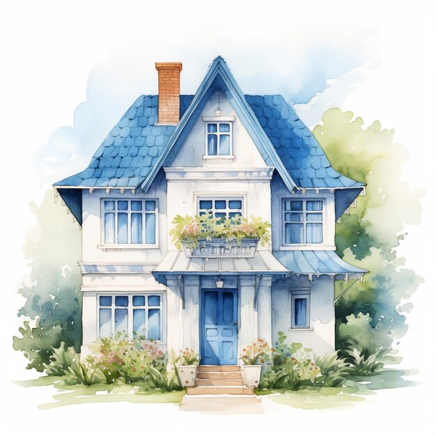 Er is een aquarel schilderij van een huis met een blauw dak generatief ai