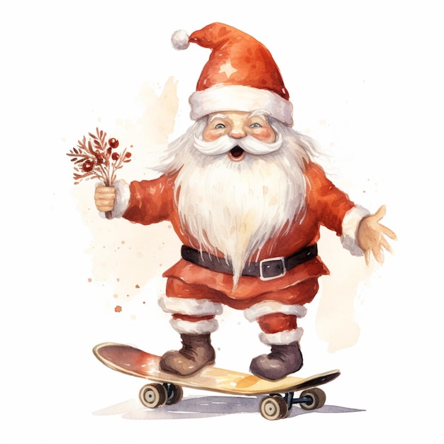 Er is een aquarel schilderij van een kerstman die op een skateboard rijdt.