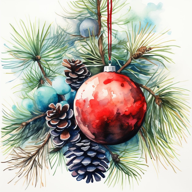 Er is een aquarel schilderij van een kerstversiering die aan een boom hangt.