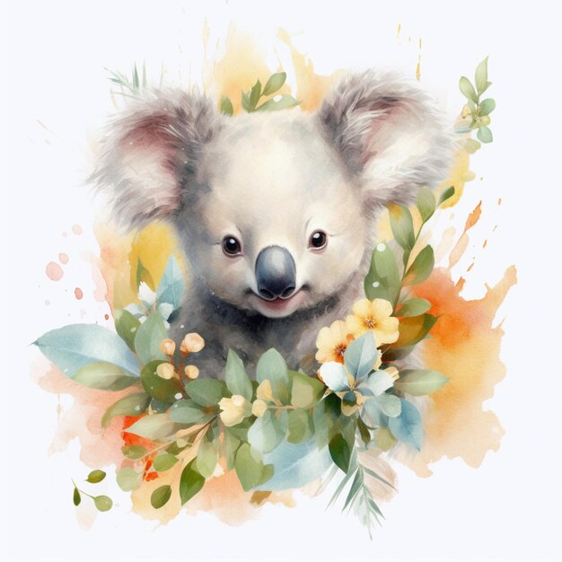 Er is een aquarel schilderij van een koala beer met bloemen generatieve ai