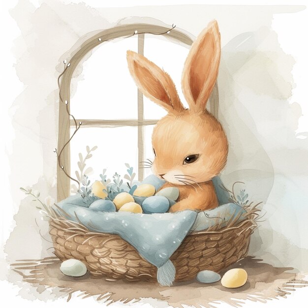 Er is een aquarel schilderij van een konijn dat in een mand zit met eieren.