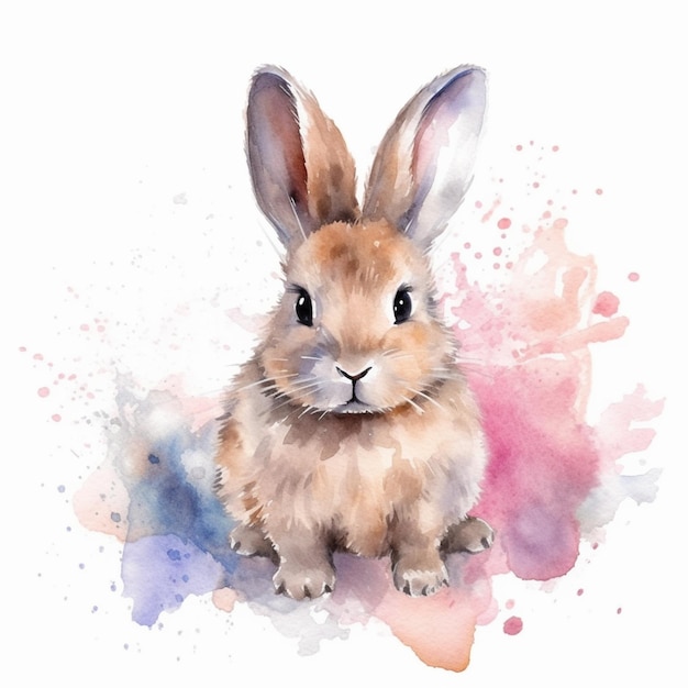 Er is een aquarel schilderij van een konijn dat op de grond zit.