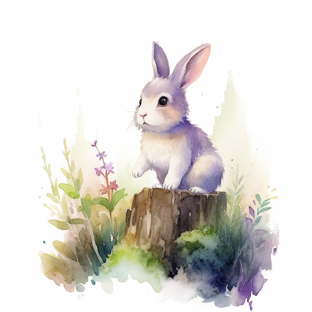Er is een aquarel schilderij van een konijn dat op een stomp zit.
