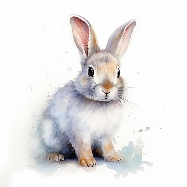 Er is een aquarel schilderij van een konijn zittend op de grond generatieve ai