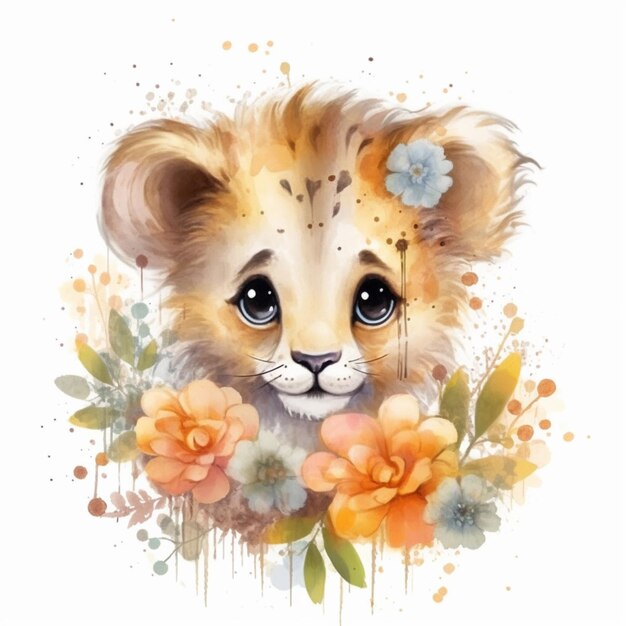 Er is een aquarel schilderij van een leeuw met bloemen generatieve ai