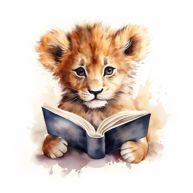 Er is een aquarel schilderij van een leeuwenwelp die een boek leest.