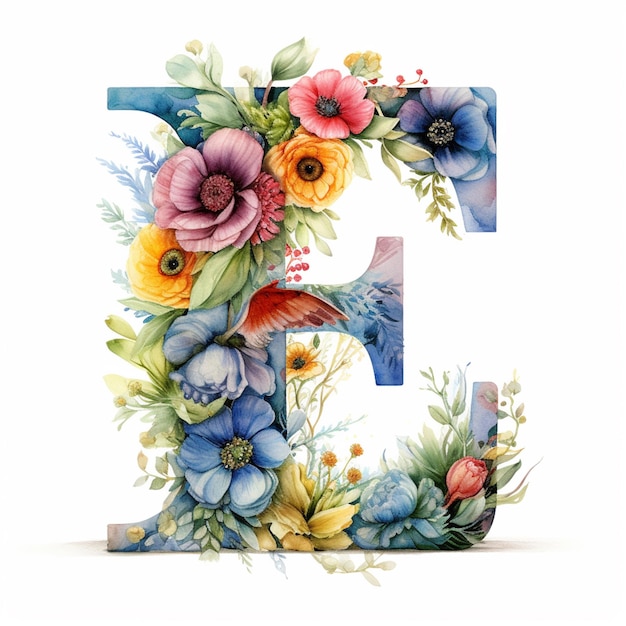 Er is een aquarel schilderij van een letter e met bloemen generatieve ai